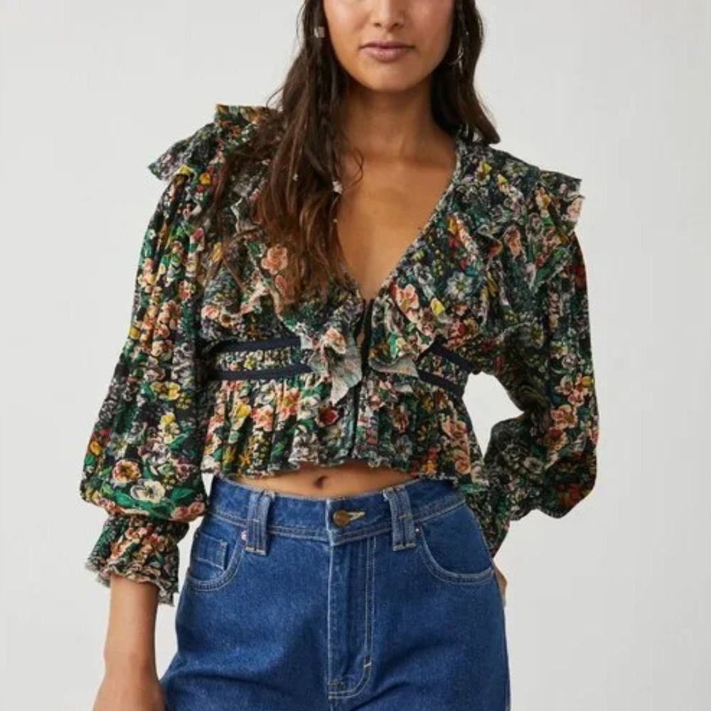 Free People | Rudi Ruffle 100% Cotton Floral Long Sleeve Peplum Top Night Garden